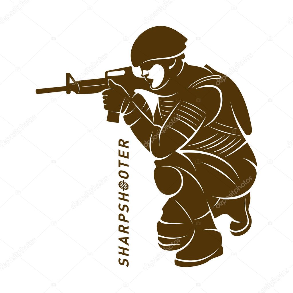 Sniper vector logo design concept style, Sharpshooter Style Concept logo Template, emblem and tshirt printing. sniper illustration for sport team.