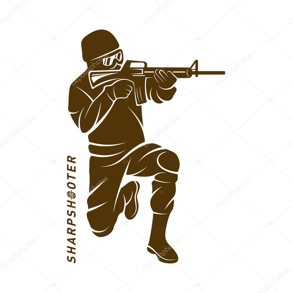 Sniper vector logo design concept style, Sharpshooter Style Concept logo Template, emblem and tshirt printing. sniper illustration for sport team.