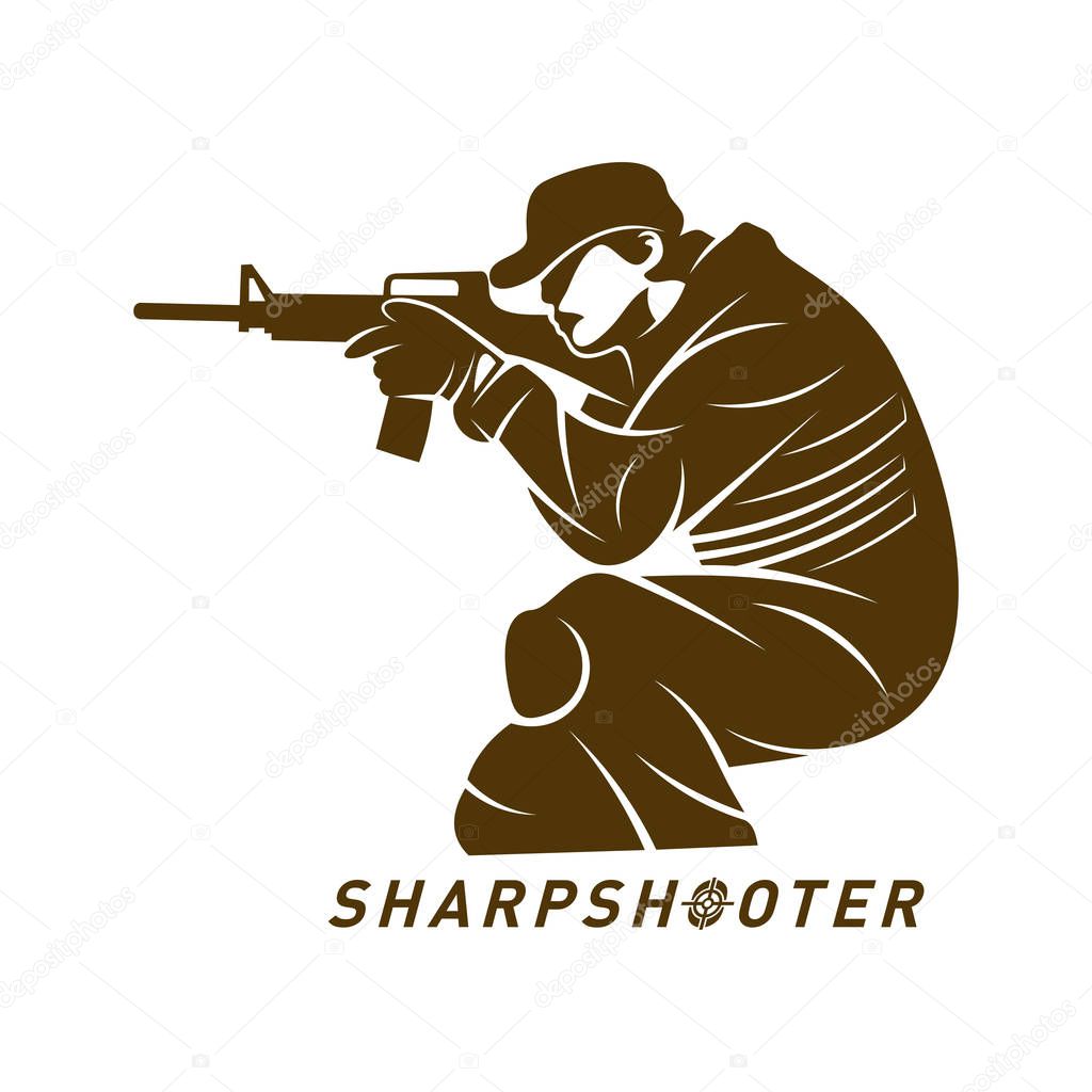 Sniper vector logo design concept style, Sharpshooter Style Concept logo Template, emblem and tshirt printing. sniper illustration for sport team.