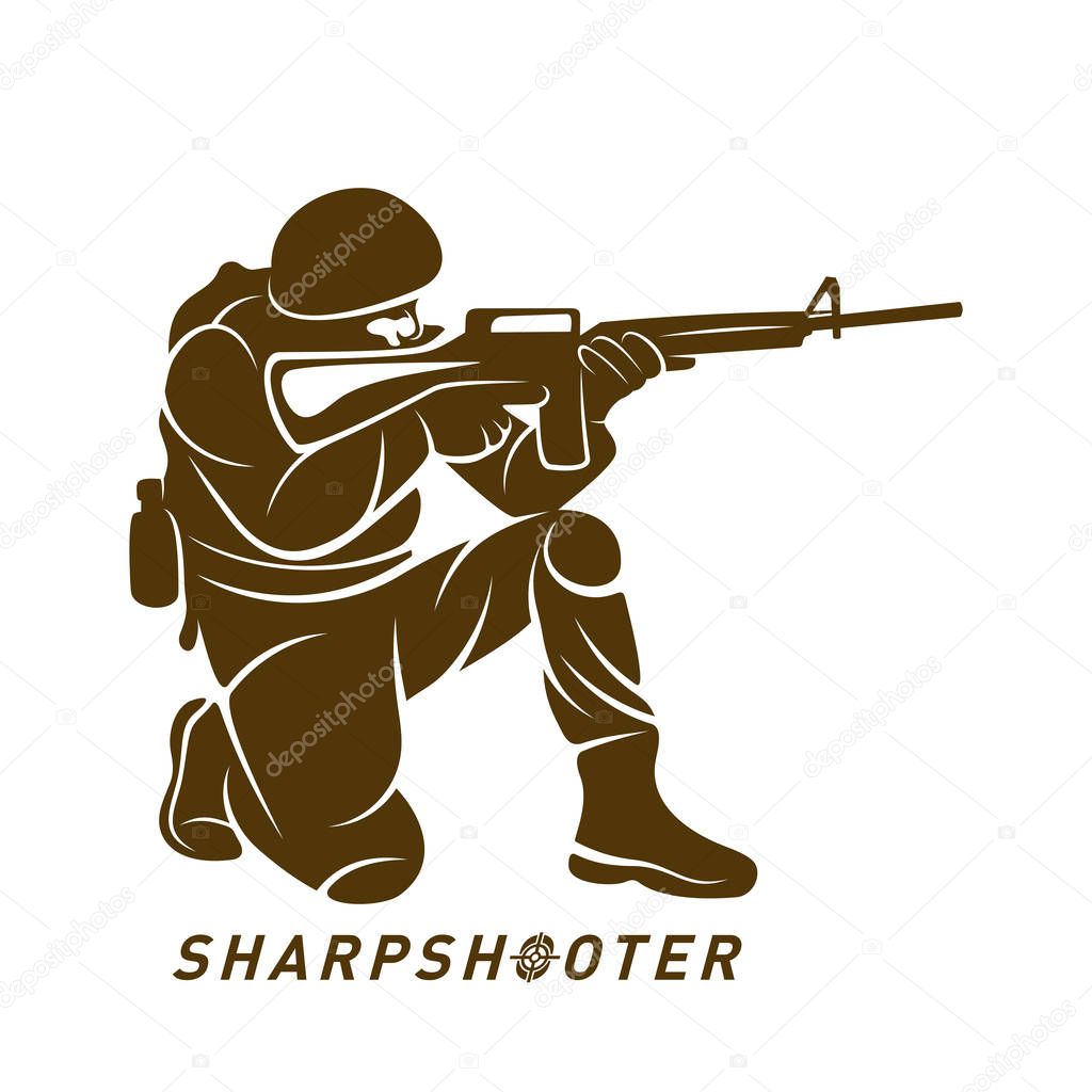 Sniper vector logo design concept style, Sharpshooter Style Concept logo Template, emblem and tshirt printing. sniper illustration for sport team.