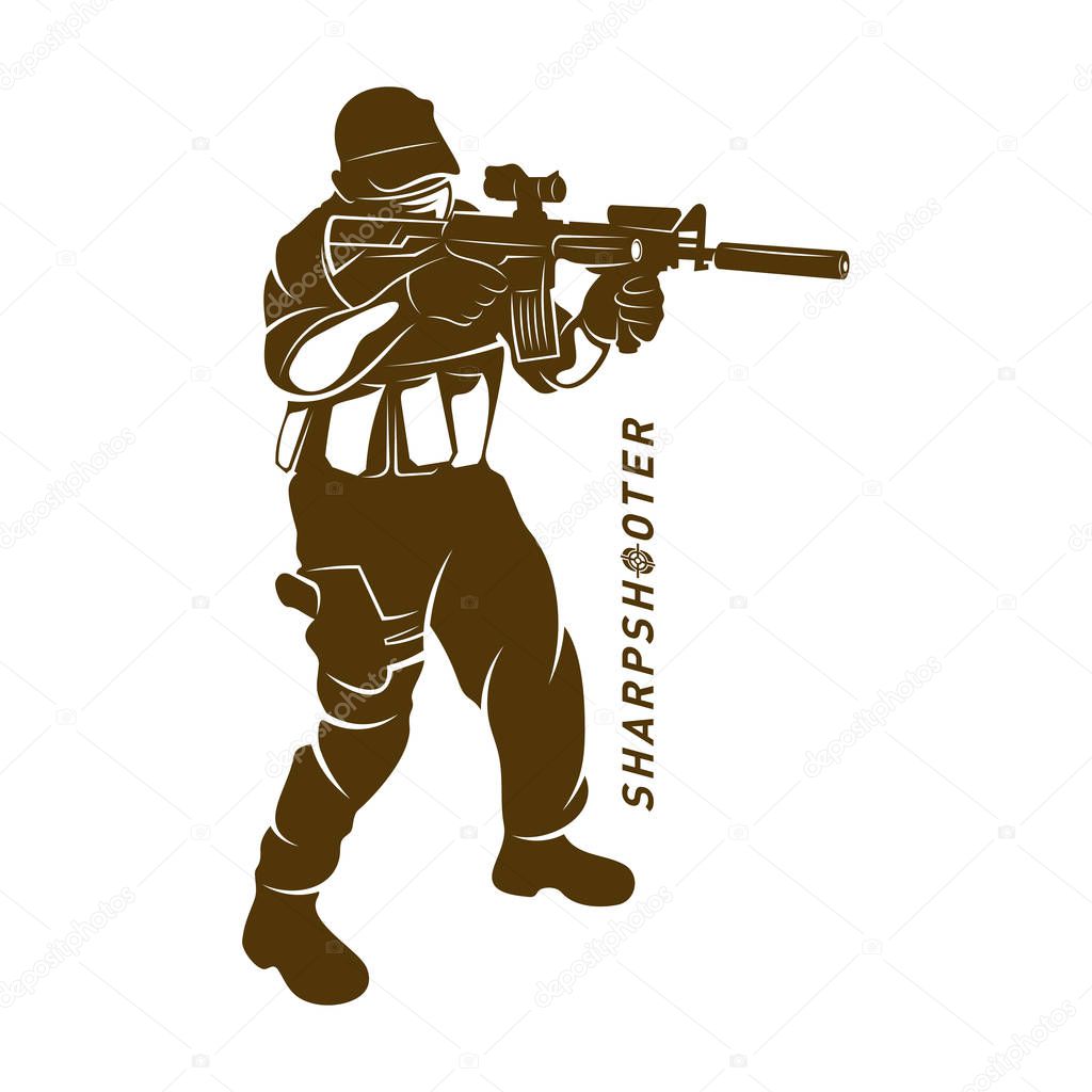 Sniper vector logo design concept style, Sharpshooter Style Concept logo Template, emblem and tshirt printing. sniper illustration for sport team.