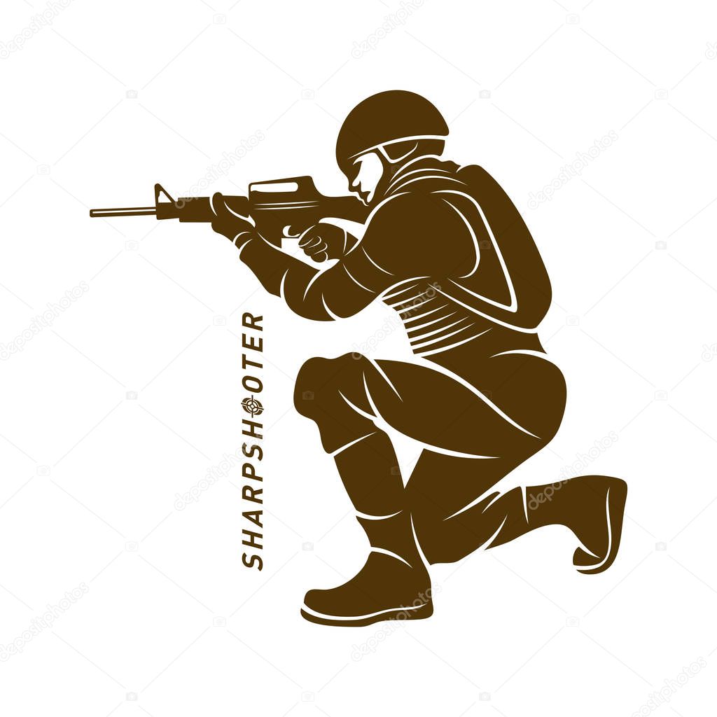 Sniper vector logo design concept style, Sharpshooter Style Concept logo Template, emblem and tshirt printing. sniper illustration for sport team.