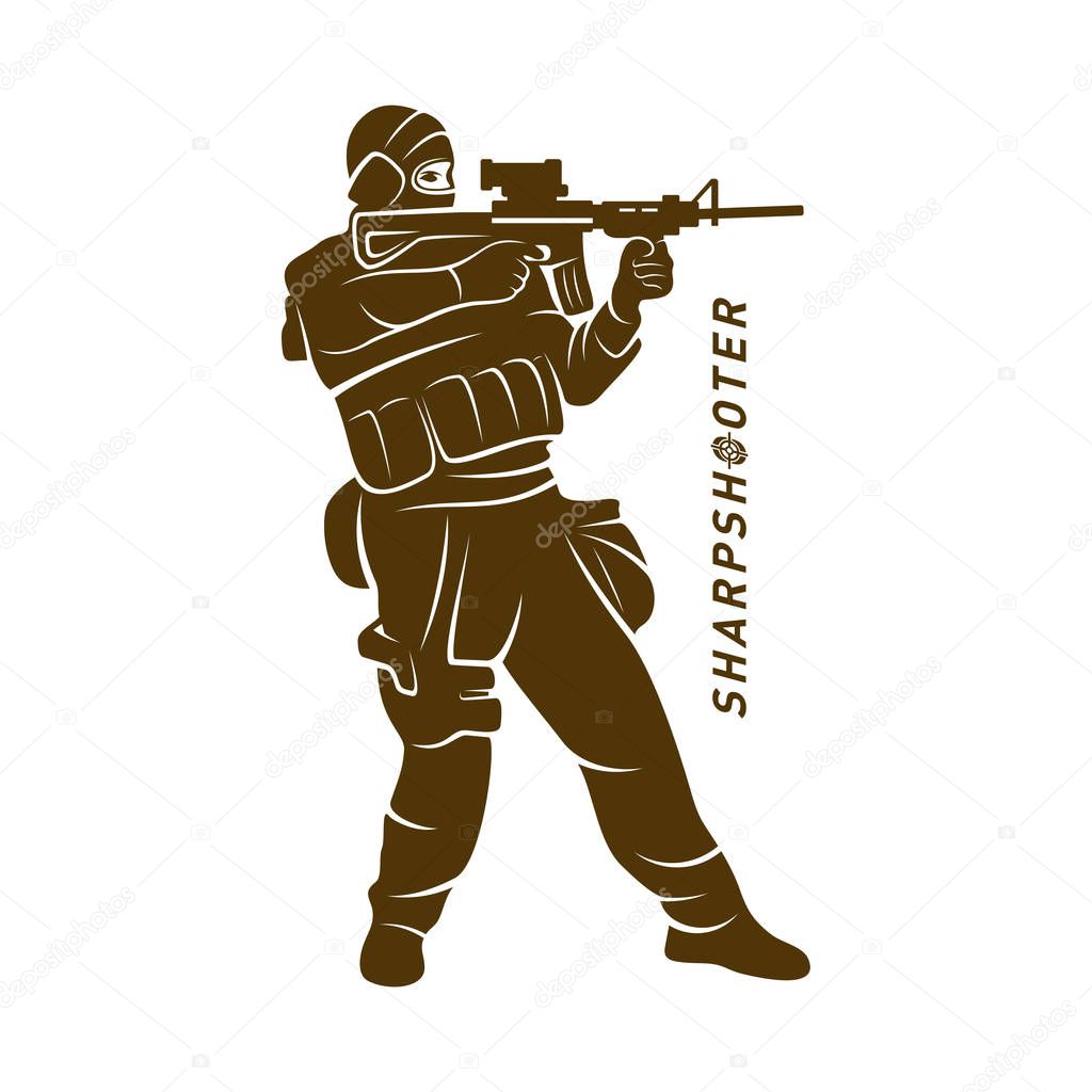 Sniper vector logo design concept style, Sharpshooter Style Concept logo Template, emblem and tshirt printing. sniper illustration for sport team.