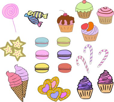 Beyaz arka planda çeşitli tatlılar, set. Pasta, kurabiyeler, lolipop, paketlenmiş şekerler, kalp şeklinde kurabiyeler, yıldız şeklinde kurabiyeler. Şeker koleksiyonu, vektör.