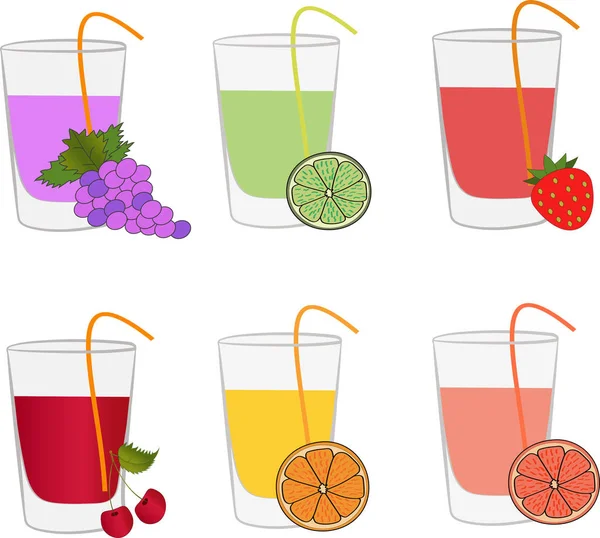 Olika Juicer Glas Vit Bakgrund Set Fruktskivor Med Drycker — Stock vektor