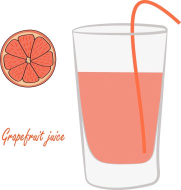 Beyaz arka planda bir bardak greyfurt suyu. Bir bardak meyve suyu ve greyfurt çemberi..