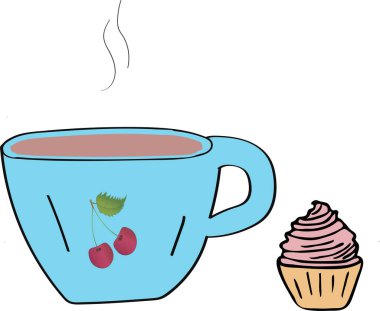 Bir fincan sıcak kahve ve kek. Mavi kupa, pembe kek. Vektör resmi.