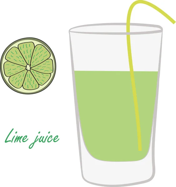 Een Glas Limoensap Een Witte Achtergrond Een Schijfje Limoen Met — Stockvector