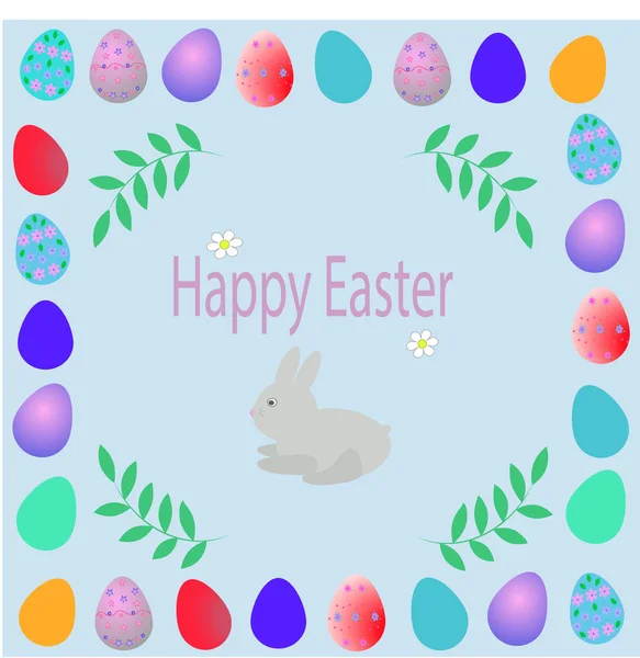 Happy Easter Greeting Card Flowers Eggs Rabbit Elements Composition — Stock Vector