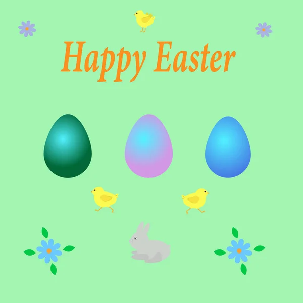 Renkli Mutlu Paskalya Tebrik Kartları Yumurtalar Çiçekler Tavşan Unsurları — Stok Vektör