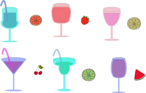 Various Cocktails Slices Fruits White Background Set Glasses Drinks — Stock Vector