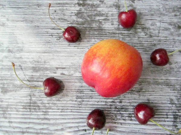 Various Fruits Peach Cherry Dark Background — Stock Photo, Image