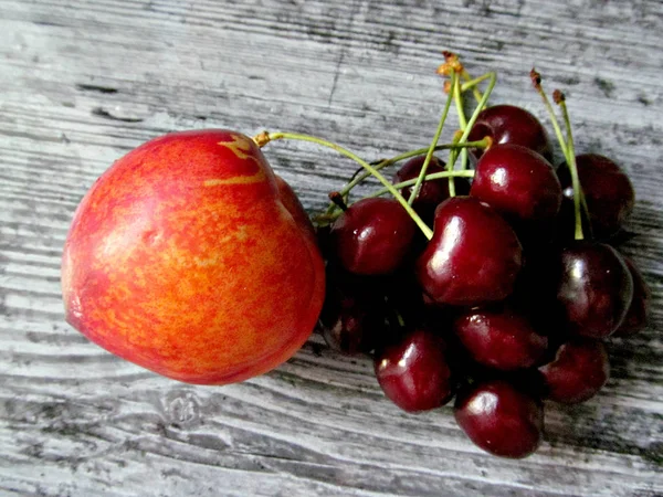 Various Fruits Peach Cherry Dark Background — Stock Photo, Image