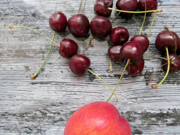 Various Fruits Peach Cherry Dark Background — Stock Photo, Image