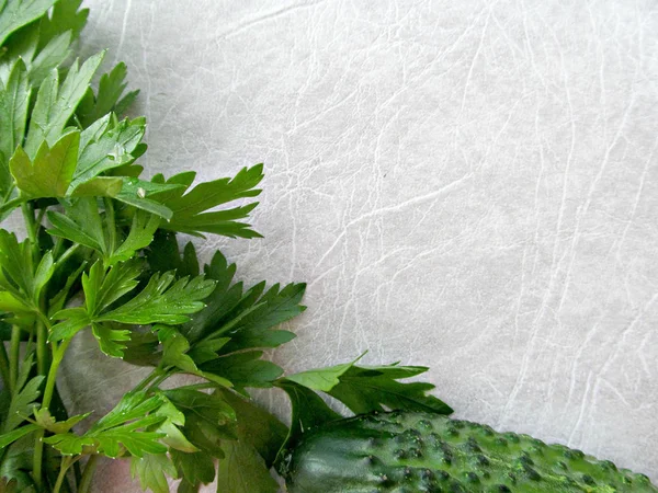 様々な野菜 サラダ成分 白い背景にパセリの葉とキュウリ テキストの場所 — ストック写真