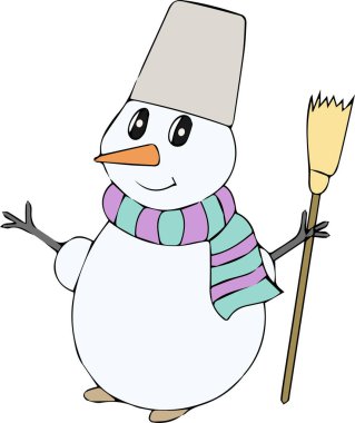 Beyaz arka planda süpürgesi olan bir kardan adam. Noel ögesi.