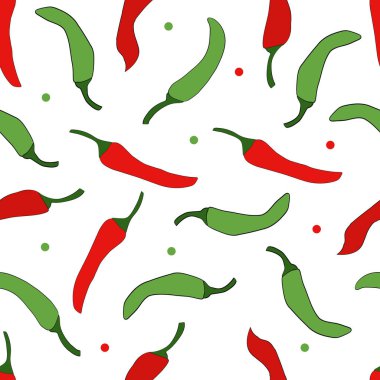 Kırmızı kırmızı biber ve yeşil kırmızı biber. Beyaz arka planda, dikişsiz desen..