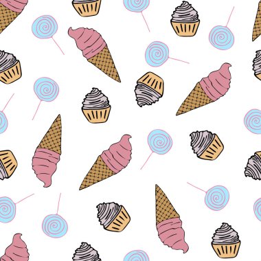 Beyaz arka planda çeşitli tatlılar. Dondurma, lolipop, kremalı pasta..