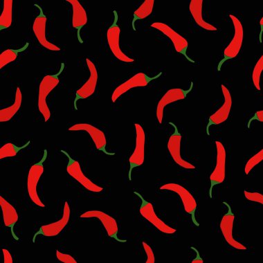 Siyah arkaplanda kırmızı kırmızı biber, dikişsiz desen..