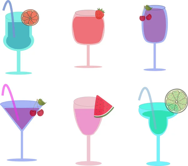 Diverse Cocktails Met Plakjes Fruit Gezet Bril Met Drank — Stockvector
