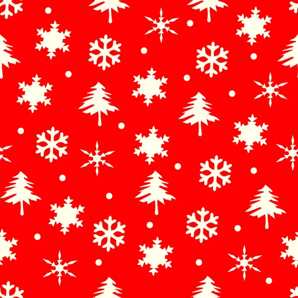 赤い背景のシームレスなパターンの白い雪片とクリスマスツリー — ストックベクタ