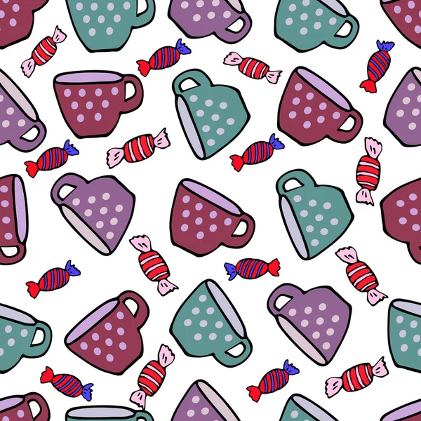 Polka dot mugs pattern and sweets seamless pattern on white background.
