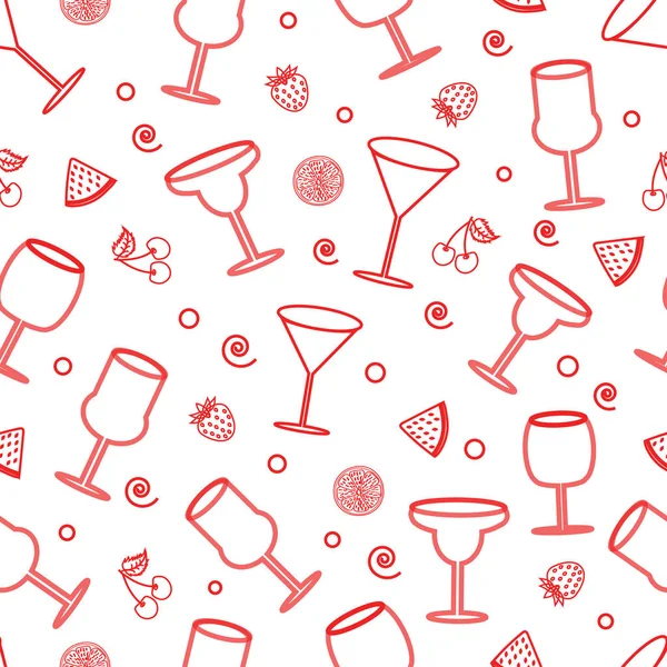 カクテルグラスとフルーツのスライスシームレスパターン 白い背景の赤い線 — ストックベクタ
