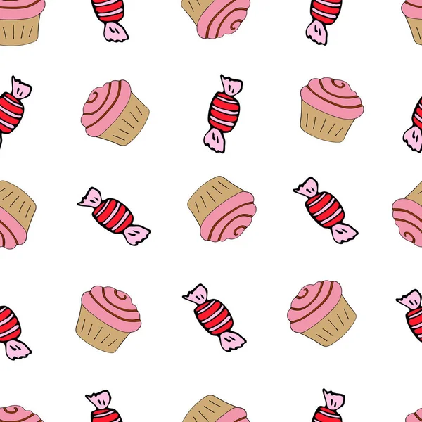 Different Sweets White Background Seamless Pattern Sweets Cakes — ストックベクタ