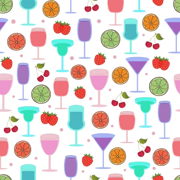 Various Cocktails Fruits White Background Seamless Pattern — Stock Vector