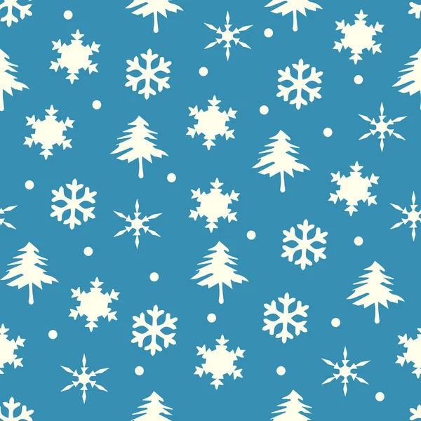 Flocos Neve Brancos Árvores Natal Fundo Azul Sem Costura Padrão — Vetor de Stock