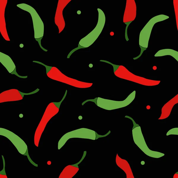 黒の背景のシームレスなパターンに赤唐辛子と緑唐辛子 — ストックベクタ