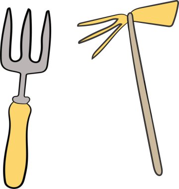 Bahçe aletleri. Pitchfork, küçük tırmık. Beyaz arkaplanda izole elementler.