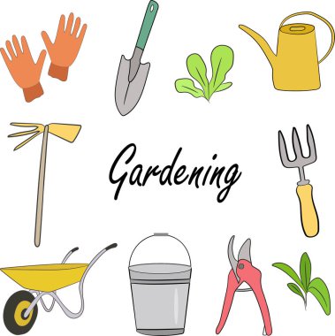 Bahçe seti. Bahçe aletleri. Kürek, su kovası, bahçe eldivenleri, kova, budama makası, dirgen, bahçe arabası. Filizler, küçük bitkiler. Elementler beyaz arkaplanda izole edilir.