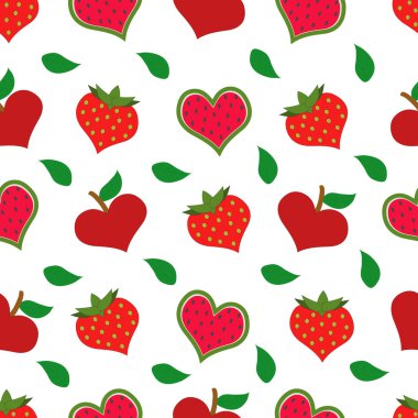 Beyaz arka planda farklı bir kalp şekli var. Elma kalpli, çilek kalpli, karpuz kalpli. Vektör.