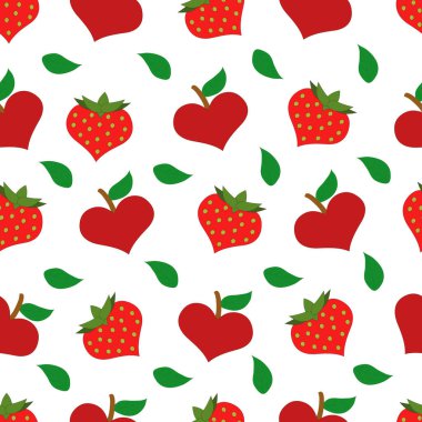 Beyaz arka planda farklı bir kalp şekli var. Elma kalpli, çilek kalpli. Vektör.