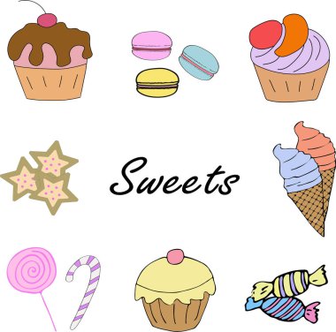 Beyaz arka planda çeşitli tatlılar, koleksiyon. Kurabiye, dondurma, kek, kurabiye, şeker.