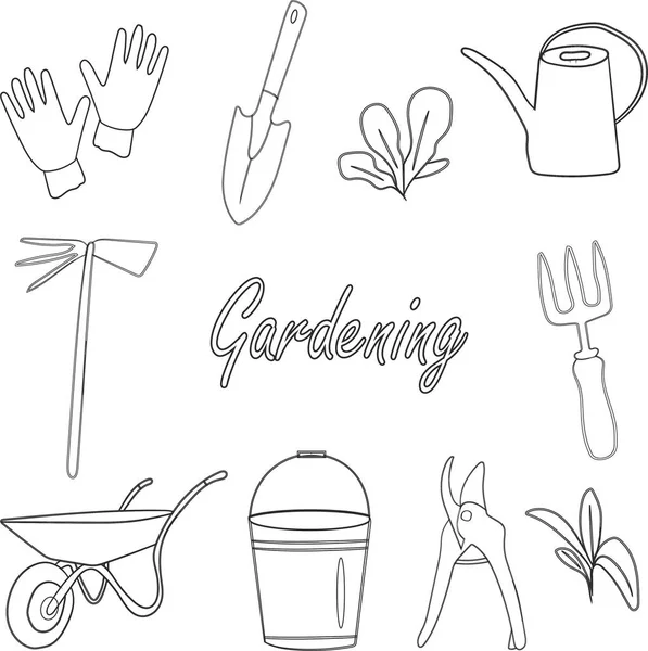 Set Garden Tools Shovel Watering Can Gardening Gloves Bucket Pruning — Stock Vector