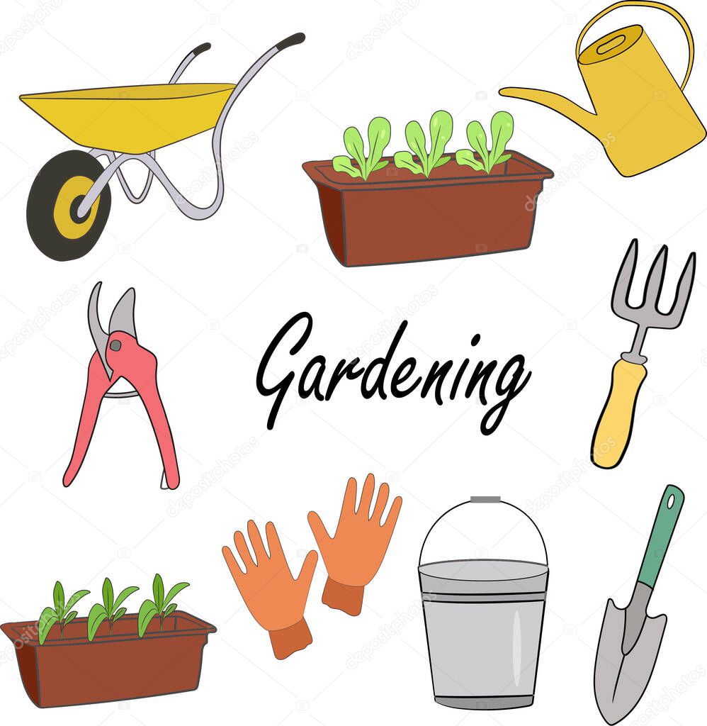 The garden set. A set of garden tools.  Shovel, watering can, gardening gloves, bucket, pruning shears, pitchfork, garden cart. Sprouts, small plants. Elements are isolated on a white background.