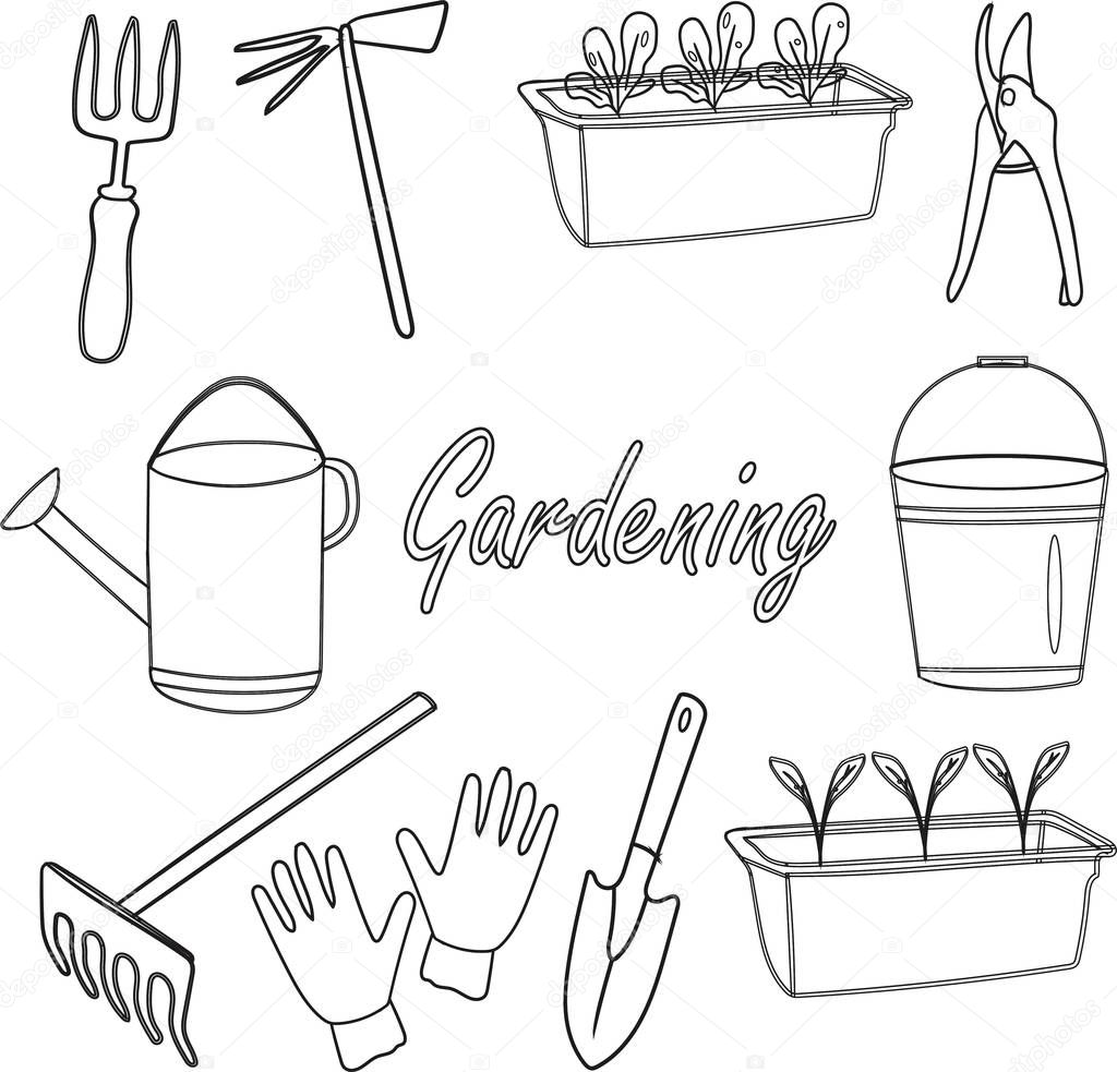 A set of garden tools.  Shovel, watering can, gardening gloves, bucket, pruning shears, pitchfork. Sprouts, small plants. Elements are isolated on a white background. Black lines.
