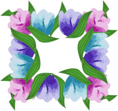 Lale ve yapraklardan oluşan dikdörtgen bir çerçeve. Mesaj için yer. Vektör.