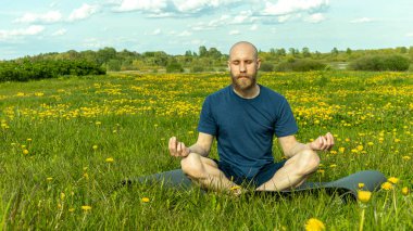 Sakallı kel bir adam doğada yoga yapıyor.