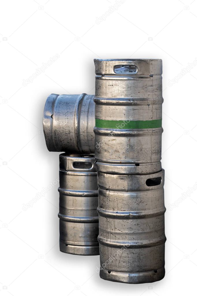 Bavarian beer kegs made of metal isolated on white background