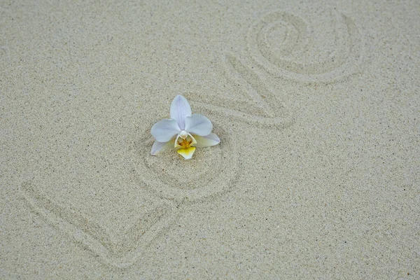 Liefde Geschreven Het Zand Met Orchidee — Stockfoto