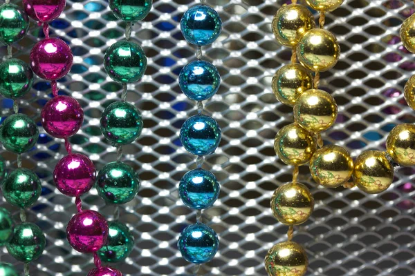 Macro Abstract Texture Background Multicolor Mardi Gras Beads Silver Metallic — стокове фото