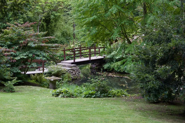 Scenic View Decorative Wooden Bridge Landscaped Garden Lush Foliage — 스톡 사진
