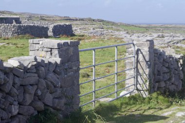 İrlanda 'nın kırsal kesimindeki eski bir taş duvar çitine bağlı modern metal bir kapının yakın görüntüsü.