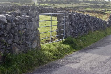 İrlanda 'nın kırsal kesimindeki eski bir taş duvar çitine bağlı modern metal bir kapının yakın görüntüsü.