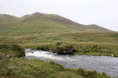 İrlanda 'nın Connemara bölgesindeki küçük bir nehrin manzarası, yemyeşil bir çayır boyunca akar, bulutlu bir gökyüzü ile