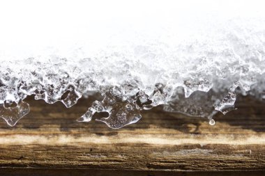 Baharın soyut makro sanatı. Açık sedir ağacı yüzeyinde eriyen buz ve kar.