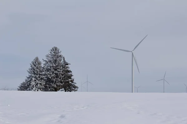 Landscape view of giant wind turbines in a snowy rural agricultural setting